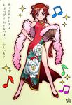  bare_shoulders blush china_dress chinese_clothes double_bun dress fan feather_boa folding_fan hair_ornament hairpin hand_on_hip hino_akane_(smile_precure!) looking_at_viewer misonou_hirokichi musical_note nail_polish precure red_eyes red_hair short_hair side_slit smile smile_precure! solo translation_request 
