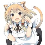  :d animal_ears bell blonde_hair bow cat_ears cat_tail fang hair_bell hair_bow hair_ornament jingle_bell long_hair looking_at_viewer maid maid_headdress open_mouth original paw_pose simple_background smile solo tail wara_(warapro) white_background wrist_cuffs yellow_eyes 