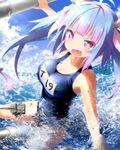  1girl blue_hair breasts cleavage fang hair_ribbon haribote_(tarao) highres i-19_(kantai_collection) kantai_collection large_breasts long_hair one-piece_swimsuit open_mouth partially_submerged red_eyes ribbon school_swimsuit solo swimsuit symbol-shaped_pupils torpedo twintails water 
