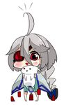  ahoge blazblue bodysuit cape chibi doll eyepatch lowres nu-13 ragna_the_bloodedge red_eyes silver_hair 