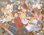  6+boys 6+girls alice_(tales) aqua_(tales) axe black_hair blonde_hair blue_eyes blue_hair blue_skin brown_eyes brown_hair coat collet_brunel copyright_name corrine creature cuffs dated decus emil_castagnier everyone flower fujibayashi_shiina genius_sage glasses gloves green_eyes grey_background hair_flower hair_ornament handcuffs hara_hikaru holding holding_axe kendama kratos_aurion lloyd_irving long_hair marta_lualdi multiple_boys multiple_girls ofuda one_eye_closed pink_hair ponytail presea_combatir purple_hair red_hair red_shirt refill_sage regal_bryan richter_abend shirt short_hair sidelocks smile staff suspenders sword tales_of_(series) tales_of_symphonia tales_of_symphonia_knight_of_ratatosk tenebrae twintails veil weapon white_hair zelos_wilder 