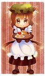  animal_ears apron blush brown_eyes brown_hair cake cat_ears cat_tail chen food hat maid_apron multiple_tails nekomata solo tail takamoto_akisa touhou tray two_tails 