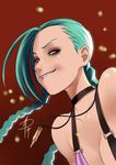  aqua_hair bangs biting braid breasts brown_eyes bullet choker daniel_macgregor eyeshadow forehead grin jewelry jinx_(league_of_legends) league_of_legends lip_biting lipstick long_hair makeup medium_breasts necklace purple_lipstick smile solo suspenders twin_braids 