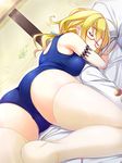  ass blonde_hair breasts closed_eyes glasses i-8_(kantai_collection) kantai_collection long_hair lying medium_breasts on_stomach one-piece_swimsuit red-framed_eyewear school_swimsuit sleeping solo sorano_(12gou) swimsuit thighhighs white_legwear 