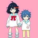  1girl age_regression black_hair blue_eyes blue_hair child dress holding_hands kill_la_kill mako_(macomaco7) mameko matoi_ryuuko mikisugi_aikurou multicolored_hair sailor_collar sailor_dress shoes smile sneakers streaked_hair time_paradox younger 