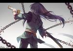  2014 bad_id bad_pixiv_id black_hair bracelet chain from_behind grey_background hair_over_eyes jacket jewelry left-handed letterboxed long_hair male_focus pants robinexile serious signature solo sword tales_of_(series) tales_of_vesperia weapon yuri_lowell 