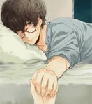  androgynous bad_id bad_pixiv_id bed black_hair blush glasses green_eyes holding_hands lmoon looking_at_viewer male_focus original out_of_frame pajamas pillow pov pov_hands red-framed_eyewear smile wavy_hair 
