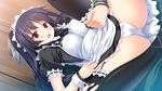  1girl black_legwear blue_hair blush breasts game_cg hapymaher:_fragmentation_dream hasuno_saki highres large_breasts legs legs_up long_hair looking_at_viewer maid maid_headdress open_mouth panties pink_eyes spread_legs thighs tsukimori_hiro underwear 