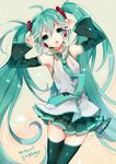  39 ahoge arms_up detached_sleeves double_v green_eyes green_hair hatsune_miku headset kaguyuzu long_hair necktie open_mouth skirt solo thighhighs twintails v very_long_hair vocaloid 