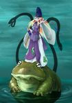  absurdres adapted_costume alternate_hair_length alternate_hairstyle blonde_hair chongtian_yixiao_shualuanfei frog frog_eyes hat highres japanese_clothes kariginu looking_at_viewer moriya_suwako older outstretched_hand solo standing sword tassel tate_eboshi touhou water weapon yellow_eyes 