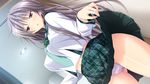  1girl blush breasts brown_eyes embarrassed game_cg grey_hair hapymaher:_fragmentation_dream highres koku large_breasts legs long_hair looking_away naitou_tooru panties school_uniform skirt skirt_lift solo standing thighs tsukimori_hiro underwear 