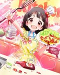  :d apron artist_request black_hair brown_eyes chef_hat food frying_pan hat idolmaster idolmaster_million_live! ketchup kitchen mini_hat mixing_bowl nakatani_iku official_art omurice open_mouth smile spatula toque_blanche 