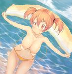  bikini breasts brown_eyes brown_hair day hataraku_maou-sama! kabocha_head large_breasts nipples orange_hair sasaki_chiho short_hair short_twintails solo swimsuit twintails wardrobe_malfunction 