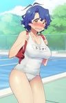  1girl ahoge backpack bag blue_hair blush breasts brown_eyes cleavage idolmaster idolmaster_million_live! large_breasts looking_at_viewer naked_bandage open_mouth randoseru school_swimsuit short_hair solo standing swimsuit taki_(nakochan) tears toyokawa_fuuka white_school_swimsuit white_swimsuit 