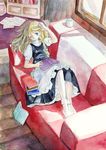 ;o apron blonde_hair blue_eyes book braid chachao couch covering cup kirisame_marisa long_hair lying on_back one_eye_closed paper puffy_sleeves short_sleeves side_braid solo sunlight touhou window 