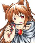  absurdres animal_ears blush brown_hair fang fingernails happy highres imaizumi_kagerou inte_(whitewolftail) long_hair looking_at_viewer open_mouth red_eyes solo tail touhou wolf_ears wolf_tail 