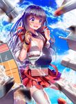  akagi_(kantai_collection) bad_id bad_pixiv_id blush breasts brown_eyes brown_hair embarrassed gloves gradient_eyes highres japanese_clothes kantai_collection long_hair medium_breasts multicolored multicolored_eyes muneate open_mouth partly_fingerless_gloves skirt sky solo sougishi_ego tears thighhighs torn_clothes torn_legwear wardrobe_malfunction white_legwear yugake 