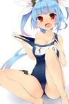  barefoot blue_hair blush breasts cleavage fang fangs hair_ribbon heart heart-shaped_pupils hukasikasi i-19_(kantai_collection) kantai_collection large_breasts long_hair looking_at_viewer one-piece_swimsuit open_mouth red_eyes ribbon school_swimsuit smile solo swimsuit symbol-shaped_pupils twintails 