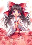  ascot bad_id bad_pixiv_id black_hair bow detached_sleeves fingernails flower hair_bow hair_tubes hakurei_reimu highres long_hair navel open_mouth petals pointing red_eyes smile solo sougishi_ego touhou 