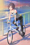  absurdres bad_id bad_pixiv_id bicycle bike_shorts black_hair breasts exercise full_body ground_vehicle highres idolmaster idolmaster_(classic) kamille_(vcx68) kikuchi_makoto lens_flare pantyhose purple_eyes shoes small_breasts sneakers solo sweatband tank_top 