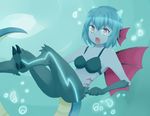  1girl blue_hair dark_skin fang frost_demon_(p&amp;d) head_fins highres horns monster_girl puzzle_&amp;_dragons red_eyes tail wings 