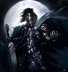  cape dede_putra full_armor full_moon gauntlets helmet highres knight moon original solo sword weapon 