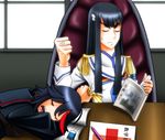  anger_vein black_hair black_serafuku book clenched_hand closed_eyes epaulettes kill_la_kill kiryuuin_satsuki matoi_ryuuko military military_uniform multicolored_hair multiple_girls neckerchief reading red_hair school_uniform seat serafuku short_hair sidelocks sleeping table two-tone_hair uniform upper_body window 