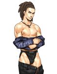  1boy black_eyes brown_hair bulge dreadlocks hairlocs himuro_yuuki_(kenka_banchou) jewelry jockstrap kenka_banchou looking_at_viewer male male_focus muscle necklace nipples pecs simple_background solo text underwear undressing unzipped wet white_background yorozu 