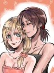  ar52ni bare_shoulders blonde_hair blue_eyes blush brown_hair christa_renz closed_eyes freckles hair_between_eyes multiple_girls shingeki_no_kyojin short_hair side_ponytail smile ymir_(shingeki_no_kyojin) yuri 