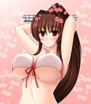  arms_up bikini breasts brown_hair flower front-tie_top hair_flower hair_ornament kantai_collection large_breasts long_hair looking_at_viewer nak_yama ponytail red_eyes solo swimsuit underboob yamato_(kantai_collection) 