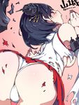  ass bare_shoulders black_hair character_name detached_sleeves hair_ornament highres japanese_clothes kantai_collection looking_back miko open_mouth panties red_eyes short_hair simple_background skirt solo super_zombie torn_clothes torn_skirt underwear white_panties yamashiro_(kantai_collection) 