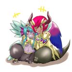  armor blue_hair blush dark_skin frost_demon_(p&amp;d) harpie_demon_(p&amp;d) head_fins horns midriff monster_girl navel pink_hair purple_eyes puzzle_&amp;_dragons tail wings yellow_eyes 