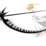  1girl alternate_costume blonde_hair female green_eyes head_wings instrument maka_albarn piano scythe simple_background soul_eater twintails weapon white_background 