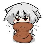  ahoge animal_ears annoyed bad_id bad_pixiv_id blush_stickers holding holding_pillow inubashiri_momiji inunoko. pillow silver_hair solo tail touhou wolf_ears wolf_tail 