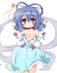  aqua_dress bare_shoulders blue_eyes blue_hair breasts cleavage collarbone dress hair_ornament hair_rings hair_stick heart kaku_seiga large_breasts looking_at_viewer muuba off_shoulder open_clothes open_vest simple_background skull solo symbol-shaped_pupils touhou vest white_background 