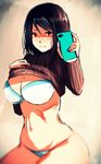  bad_id bad_pixiv_id black_hair bra breasts cellphone clothes_lift eye_(mememem) highres large_breasts light_smile long_hair looking_at_viewer mirror navel original phone reflection self_shot shirt_lift solo sweater sweater_lift thighs underwear white_bra 