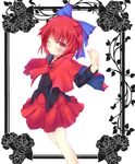  bad_id bad_pixiv_id blush bow cape floral_background hair_bow highres long_sleeves mo-a-i one_eye_closed red_eyes red_hair sekibanki short_hair skirt snapping_fingers solo touhou 