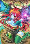  blue_skin boots breast_rest breasts goushou halo hera-beorc_(p&amp;d) hera_(p&amp;d) large_breasts lily_pad long_hair looking_at_viewer puzzle_&amp;_dragons red_hair smile solo tail thigh_boots thighhighs water wings yellow_eyes 