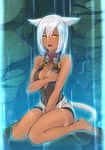  animal_ears bare_shoulders barefoot between_legs blush breasts cleavage covering covering_breasts dark_skin final_fantasy final_fantasy_xiv goggles hairband medium_breasts miqo'te open_mouth short_hair silver_hair sitting slit_pupils solo tail takatsuki_kahiro wariza water wet wet_clothes yellow_eyes 