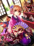  brown_eyes closed_mouth day fan female flower hair_flower hair_ornament indoors kriss_sison looking_at_viewer orange_hair original short_hair sitting smile traditional_clothes 
