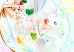  1girl barefoot blonde_hair boots bow cherry cup dress food food_themed_clothes fruit gelatin hair_bow highres in_container in_cup jello kiwi kiwifruit long_hair orange original puffy_sleeves smile solo spoon strawberry very_long_hair white_dress 