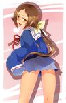 brown_eyes brown_hair heart highres jedai long_hair looking_back mikakunin_de_shinkoukei mitsumine_mashiro open_mouth ponytail school_uniform skirt sleeves_past_fingers sleeves_past_wrists smile thighs 