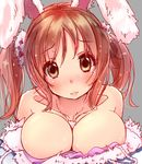  animal_ears bare_shoulders blush breasts brown_eyes brown_hair bunny_ears cleavage hair_ornament hato_haru large_breasts long_hair looking_at_viewer mizuhara_hayari saki saki_achiga-hen solo sweat tears 