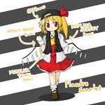  ascot baseball_cap baseball_jersey blonde_hair blush_stickers character_name english expressionless flandre_scarlet frilled_skirt frills habu_takehiro hair_ribbon hat highres open_clothes open_shirt red_eyes ribbon romaji shirt side_ponytail simple_background skirt striped striped_background touhou towel vest wings wristband 