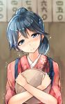  blue_eyes blue_hair blush houshou_(kantai_collection) japanese_clothes kantai_collection kazasuzu kimono long_hair ponytail smile solo tasuki tray waitress 
