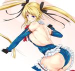  ass back backless_outfit blonde_hair blue_eyes blue_legwear blue_leotard blush breasts dead_or_alive dead_or_alive_5 detached_sleeves flat_ass frills fujita_kanbe gloves hair_ribbon leotard looking_back marie_rose ribbon sideboob small_breasts solo thighhighs twintails 