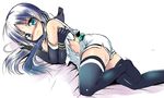  :t aqua_eyes black_gloves black_legwear blue_hair blush elbow_gloves gloves kantai_collection long_hair looking_at_viewer lying no_shoes on_side sen_(astronomy) solo suzukaze_(kantai_collection) tears thighhighs torn_clothes 