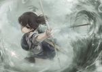  action arrow bow_(weapon) brown_eyes brown_hair gloves japanese_clothes kaga_(kantai_collection) kantai_collection lif muneate partly_fingerless_gloves short_hair short_ponytail side_ponytail solo water waves weapon yugake 