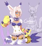  blue_(hopebiscuit) blue_eyes blush dark_skin detached_collar digimon eyebrows fang gloves hair_intakes highres paw_gloves paws personification short_hair tail tailmon thick_eyebrows thighhighs white_hair 