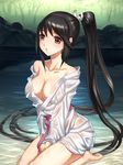  :o between_thighs blush body_blush breasts brown_eyes cleavage collarbone highres large_breasts long_hair md5_mismatch no_toes original ponytail seiza sitting solo very_long_hair water wet wet_clothes youbou 